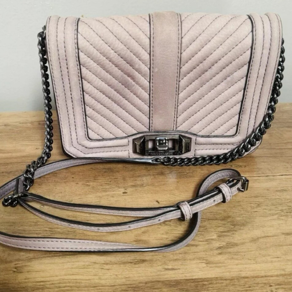 Rebecca Minkoff Womens Love Crossbody Bag Pink Chevron Square Turnlock Quilted